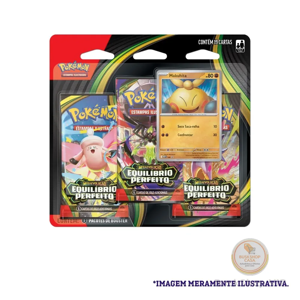 Pokémon TCG, Blister Triplo Pokémon Makuhita ME03 Equilíbrio Perfeito