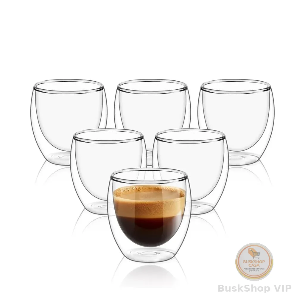 Conjunto com 6 Xícaras de 80ml Vidropara Café de Parede Dupla, Feito de Vidro Borossilicato - Kit de Xícaras para Chá, Café e Bebidas Quentes- Presente Elegante