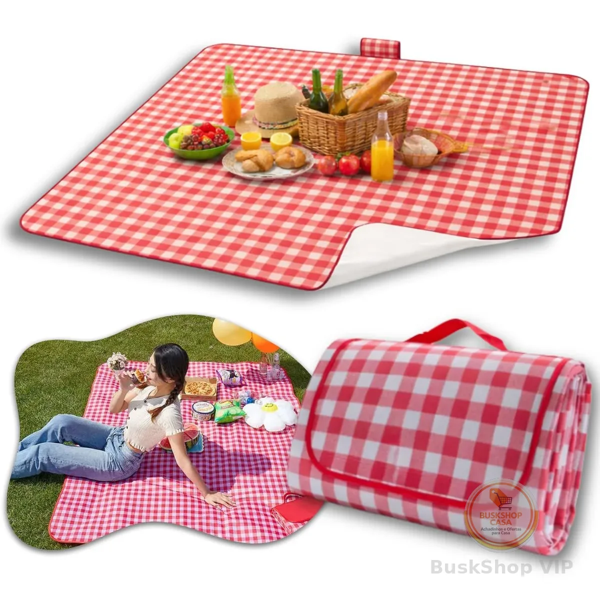 Tapete Piquenique Impermeável Dobrável, Grande 200x200cm, com Alça, Toalha para Picnic, Parque, Praias, Passeios ao Ar Livre, a Prova de Água, Fácil de Carregar (Vermelho)
