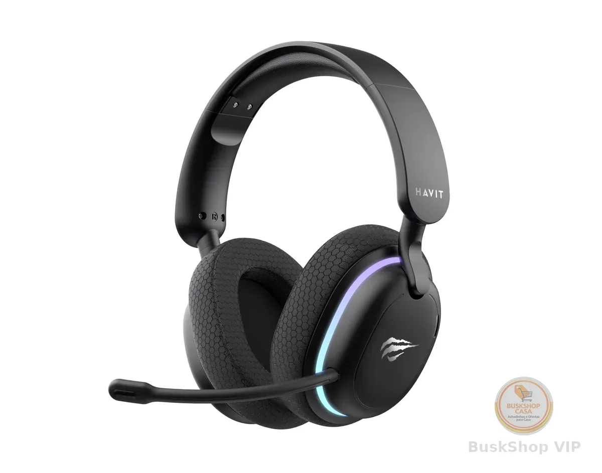 Havit Fone de Ouvido Gamer Five-Mode Fuxi-H7 Black, Sem fio e Com Fio, Wireless 2,4GHz, Bluetooth, USB, Cabo 3,5mm, Falante de 40 mm, Microfone Destacável com Cancelamento de Ruído
