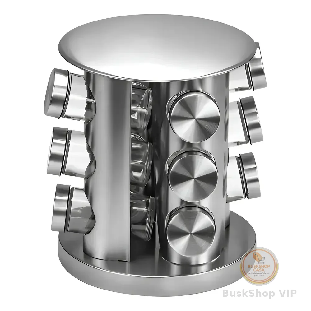 Porta Condimento Inox Vidro 12 Peças Base Giratória Cor Prateado