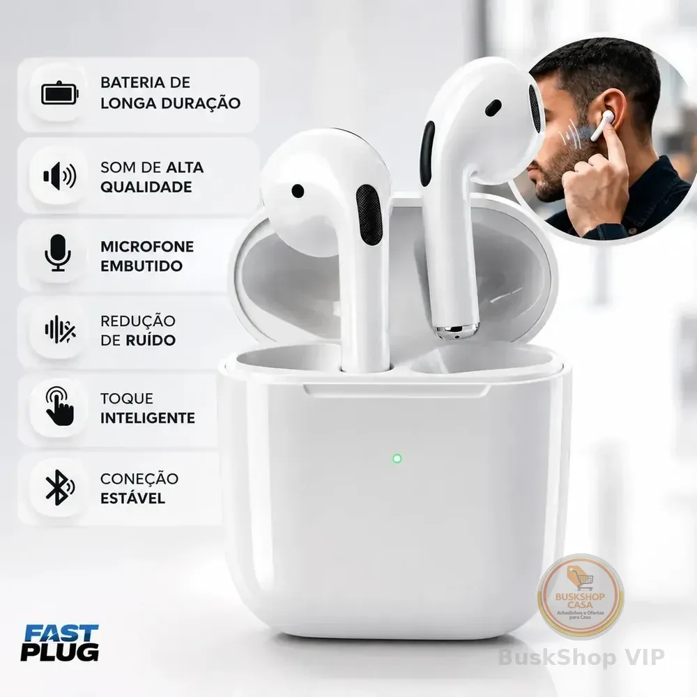 Fone De Ouvido Bluetooth Sem Fio Bateria De Longa Duração Pro 4 Branco Conecta Rápido Fast Plug Com Case Carregador E Microfone