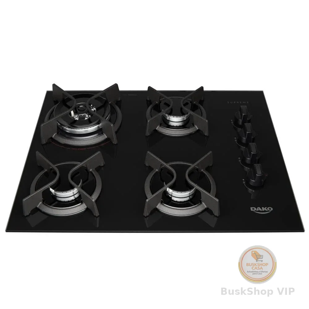 Cooktop 4 Bocas a Gás Dako Supreme com Queimador Tripla Chama e Mesa de Vidro Temperado Preto Bivolt