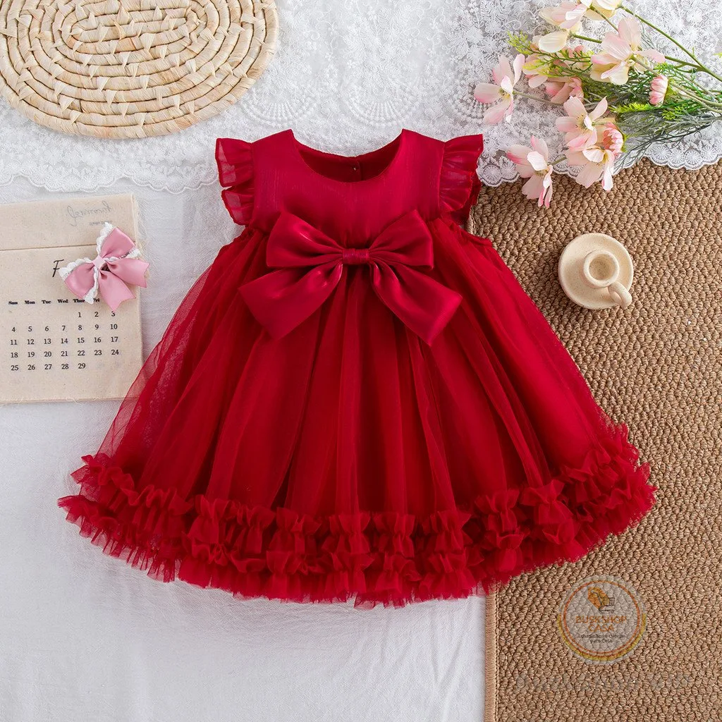 Verão Novo Vestido De Princesa De Chiffon Vermelho Para Bebês Meninas , Roupas Infantis Com Laço Doce Adequadas O Ano (9