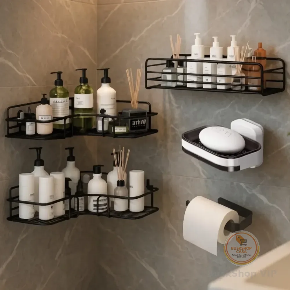 Kit 5 Prateleira Banheiro Suporte Porta Shampoo E Sabonete Preto