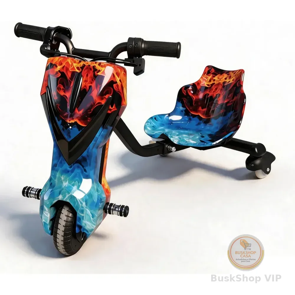 Patinete Elétrico Drift Triciclo Infantil 250w 36v Bluetooth Chamas Vermelhas E Azuis