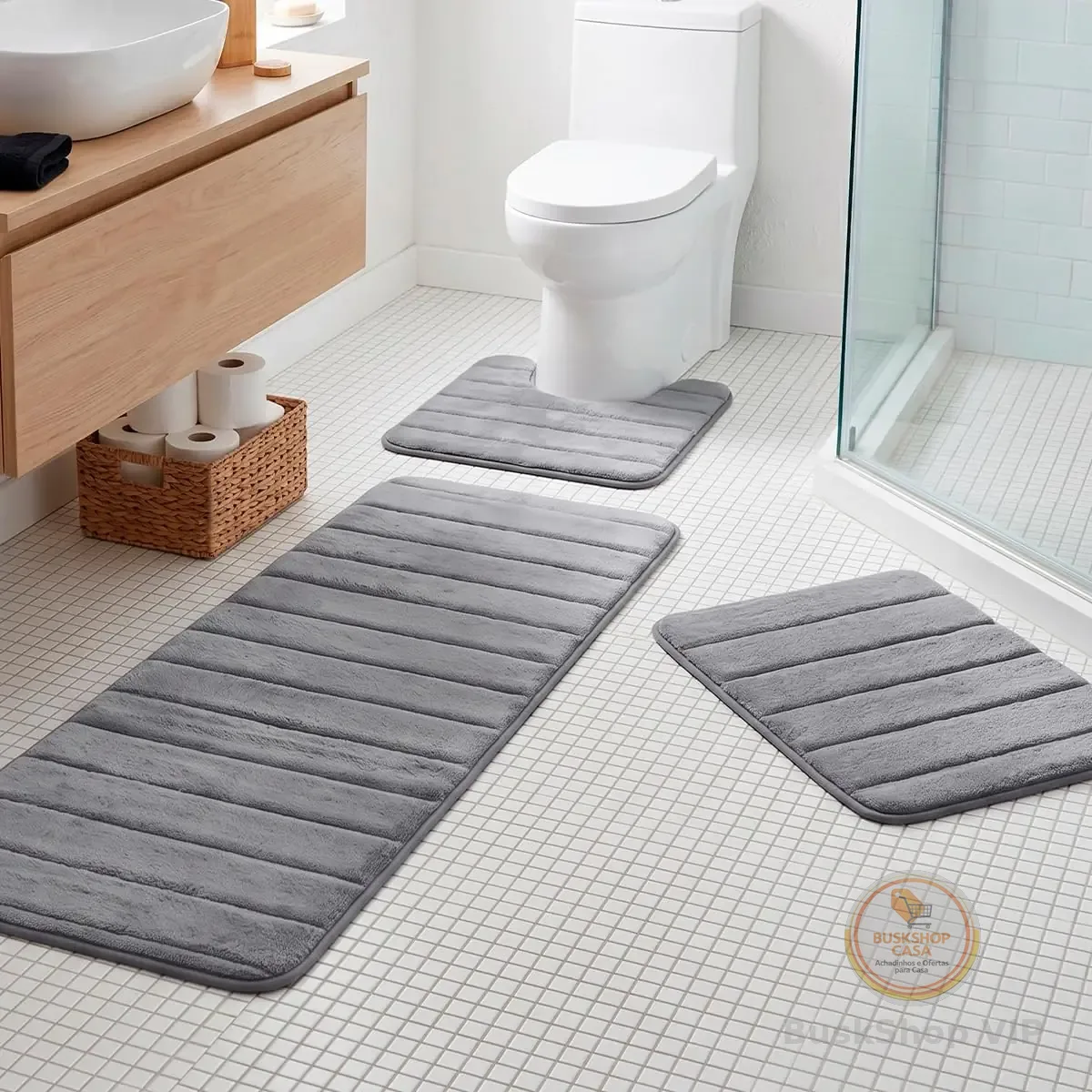 Decolab Jogo De Tapetes Para Banheiro Completo | Kit Tapetes Banheiro Ultra Absorvente | Tapetes Antiderrapantes Super Soft Multiuso Decoração (Cinza-escuro, 3 Peças)