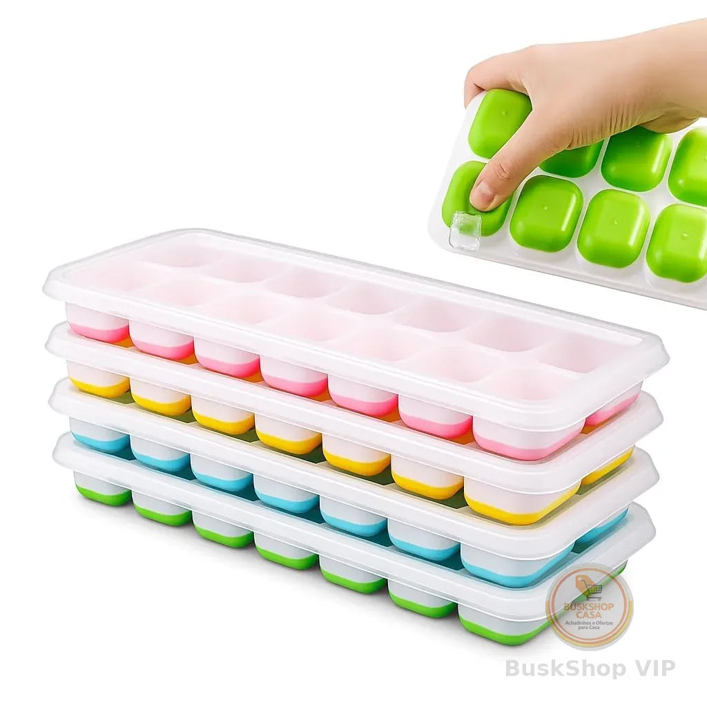Kit 4 Formas Premium de Gelo com Tampa Silicone Flexível Multiuso Papinha Bebê Drinks Whisky Frutas Molhos Antiodor Livre BPA Freezer Desenforma Fácil Cozinha Organizada Reutilizável Durável