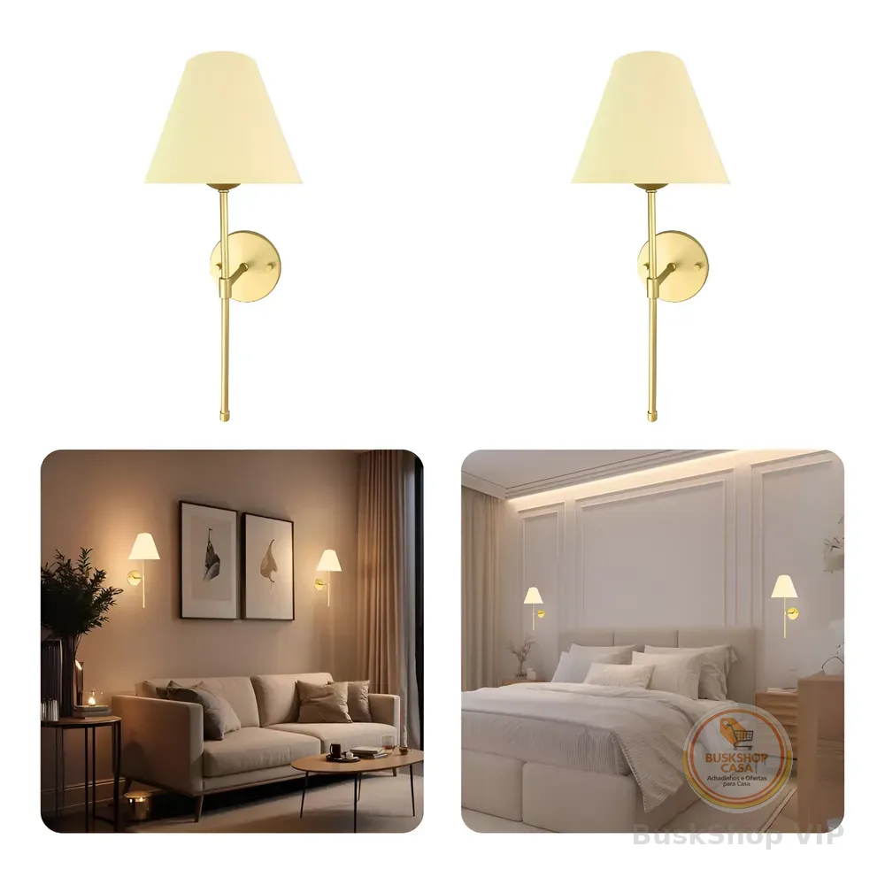 2 Luminária De Parede Arandela Externa Interna Cúpula Tecido 127/220v Dourado
