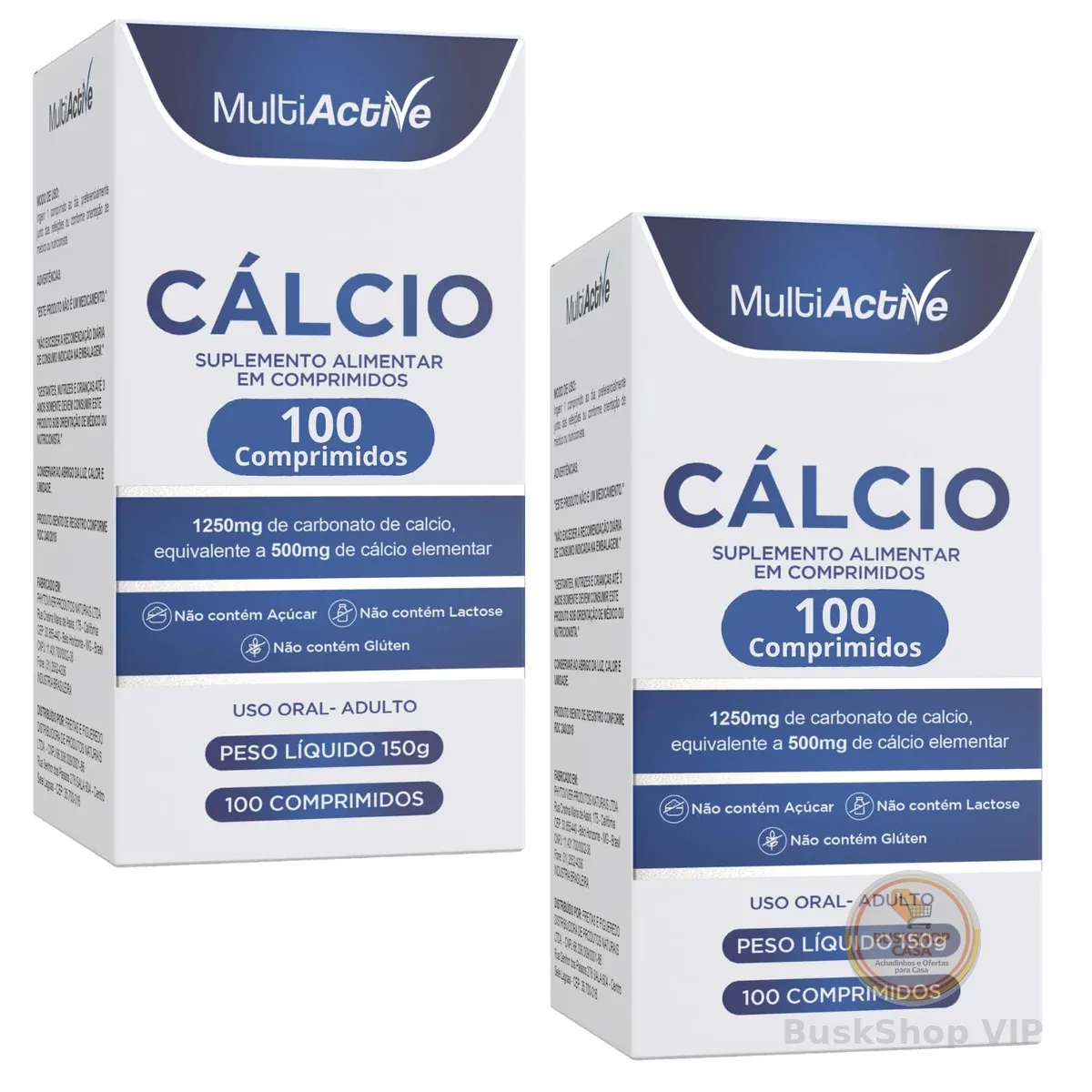 Kit 2 Carbonato de Calcio 1250mg Equivalente a 500mg de Cálcio Elementar 100 Comprimidos Suplemento Alimentar Alta Concentracao Reposicao de Calcio Osses Dentes Musculos Gestantes Idosos Multiactive