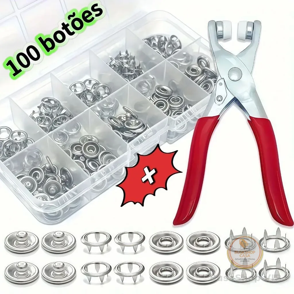 Alicate Aplicador com 100 Botões de Pressão de Metal, Kit Completo para Roupas, Costura e Artesanato