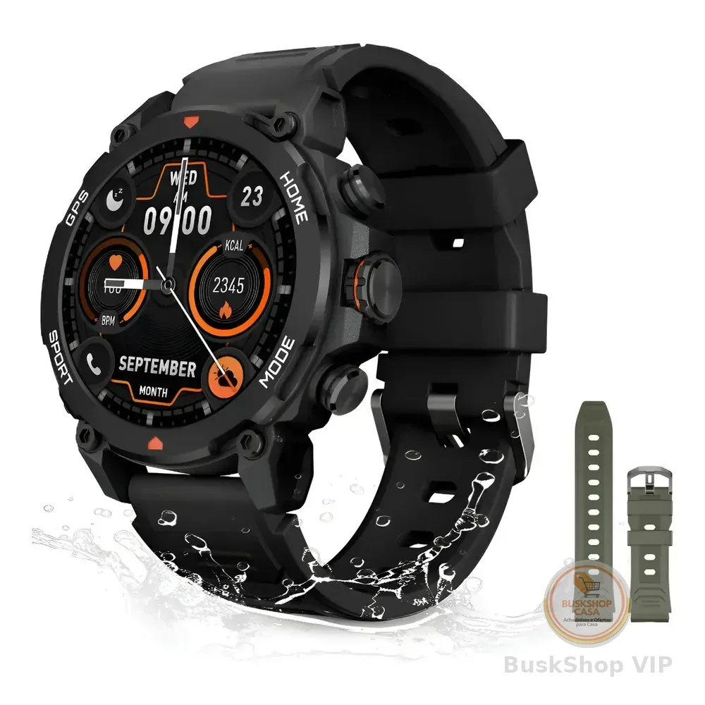 Smartwatch Aurafit G6 Tático Com Gps E Amoled 1.43  Preto Laranja-escuro Esportivo Preto Verde Exército