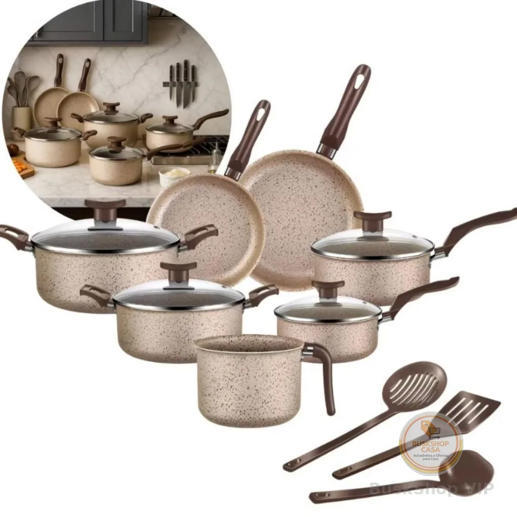 Jogo De Panelas 10 Peças Antiaderente Conjunto Caçarola Frigideira Fervedor Cor Coffee Cappuccino Kit Talheres