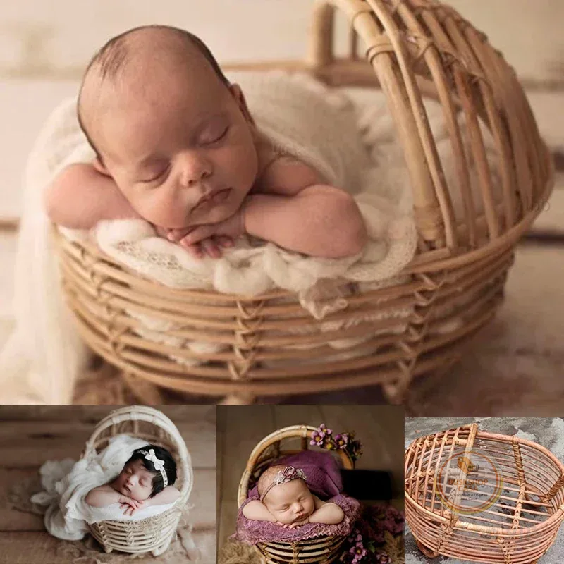 Recém-nascido Fotografia Props Rattan Round Container Basket Chair Bebe Foto Acessórios Recien Baby Girl Boy Posando Cama Fundo