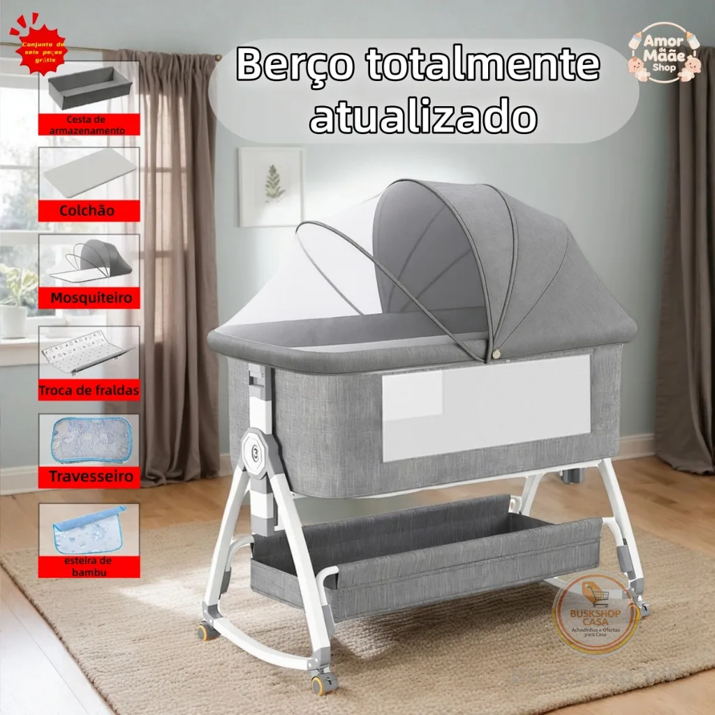 Berço Portátil Moises Co-bed Com Balanço Mosquiteiro e Cesto Regulagem de Altura