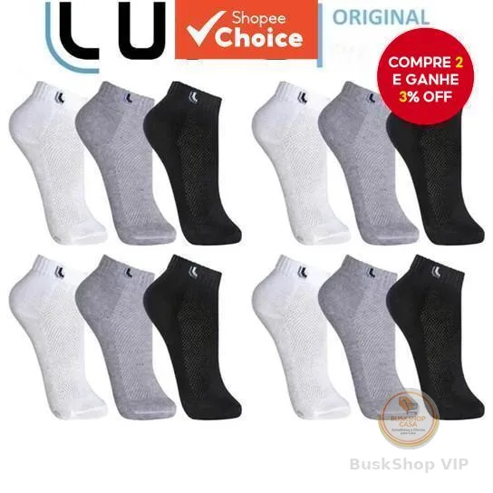 Kit 6 Pares De Meias De Algodão LUPO Para Homens E Mulheres – Corte Curto Confortável Preto \ Branco Cinza Meia