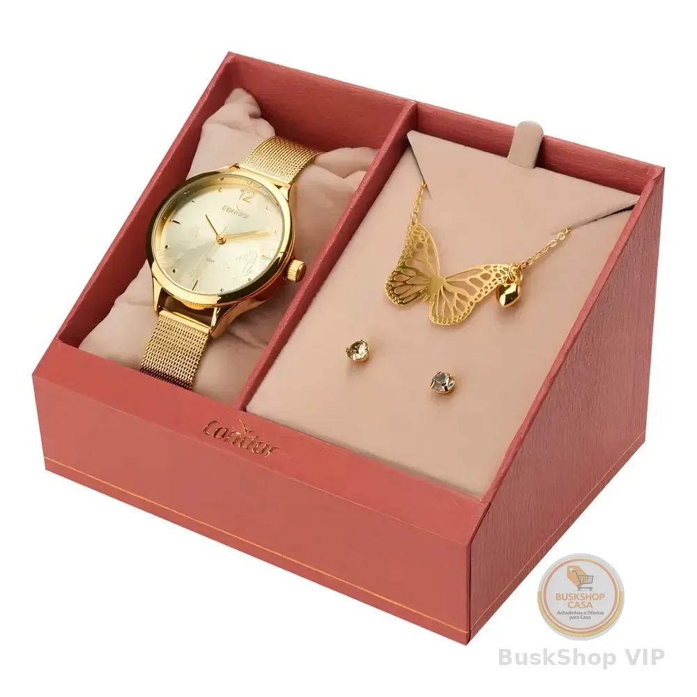 Kit Relógio Feminino Dourado + Condor Dourado Dourado Dourado