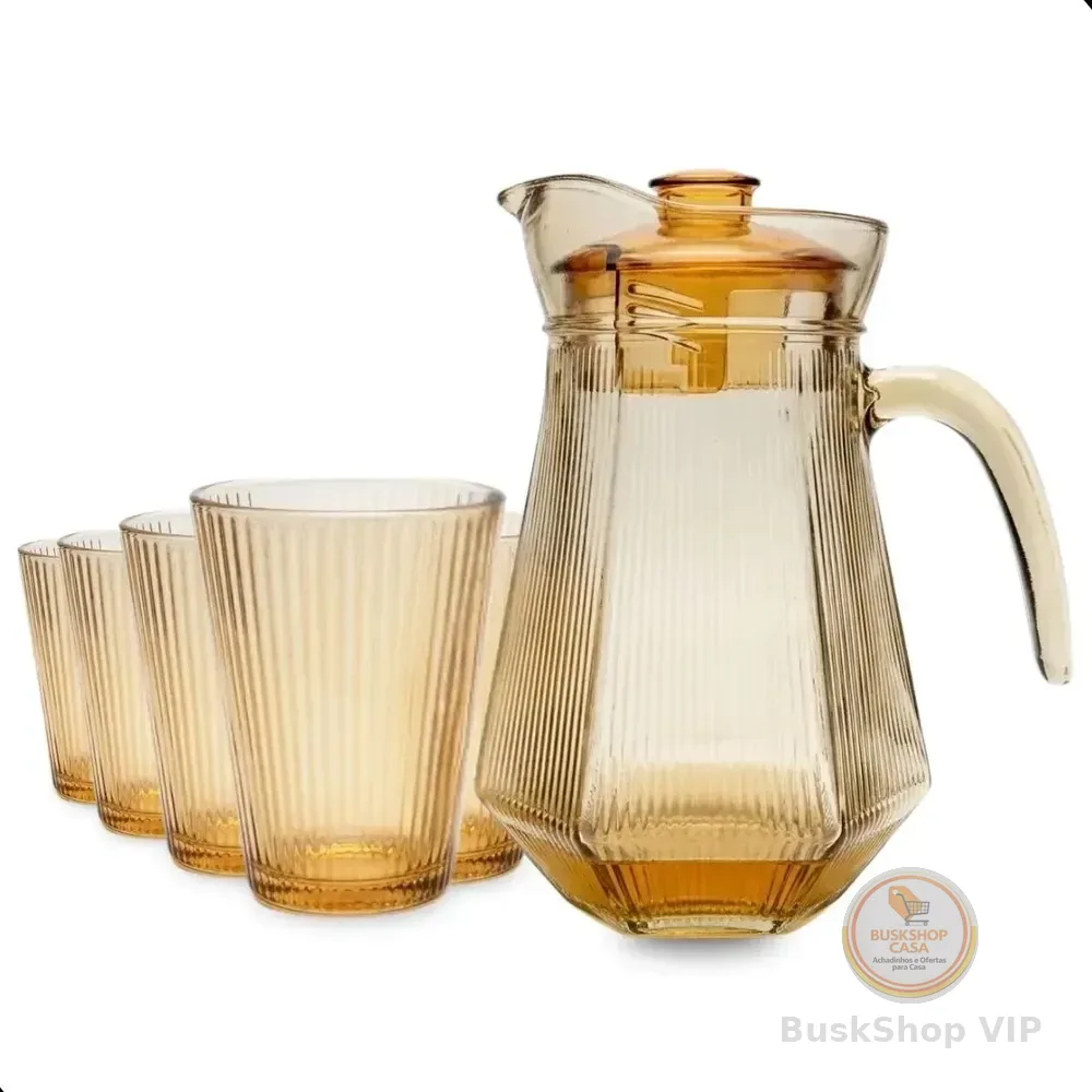 Jarra Com 6 Copos Vidro 7 Peças Kit Suco Água Bebidas Dourado