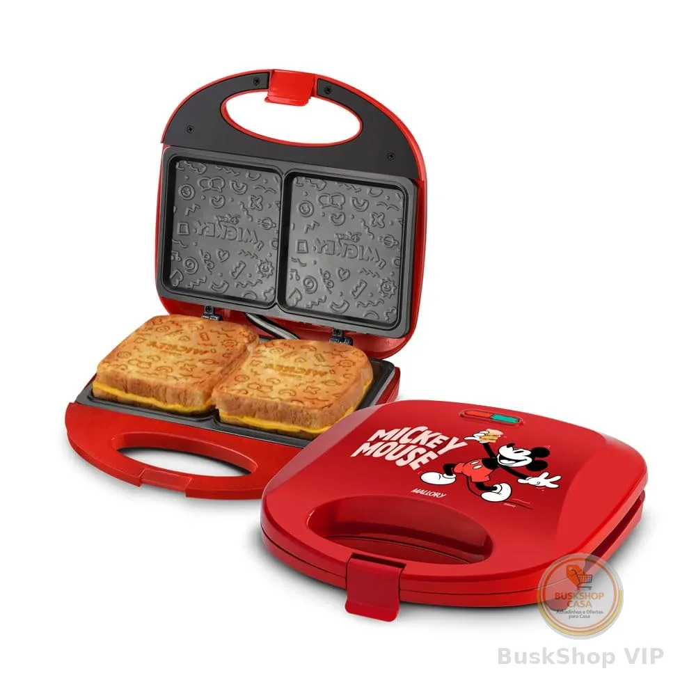Sanduicheira Elétrica Mallory Mickey Mouse Funny Plates – Placas com Design, Superfície Antiaderente, Luzes LED, Alça com Toque Frio e Trava de Segurança - 127V