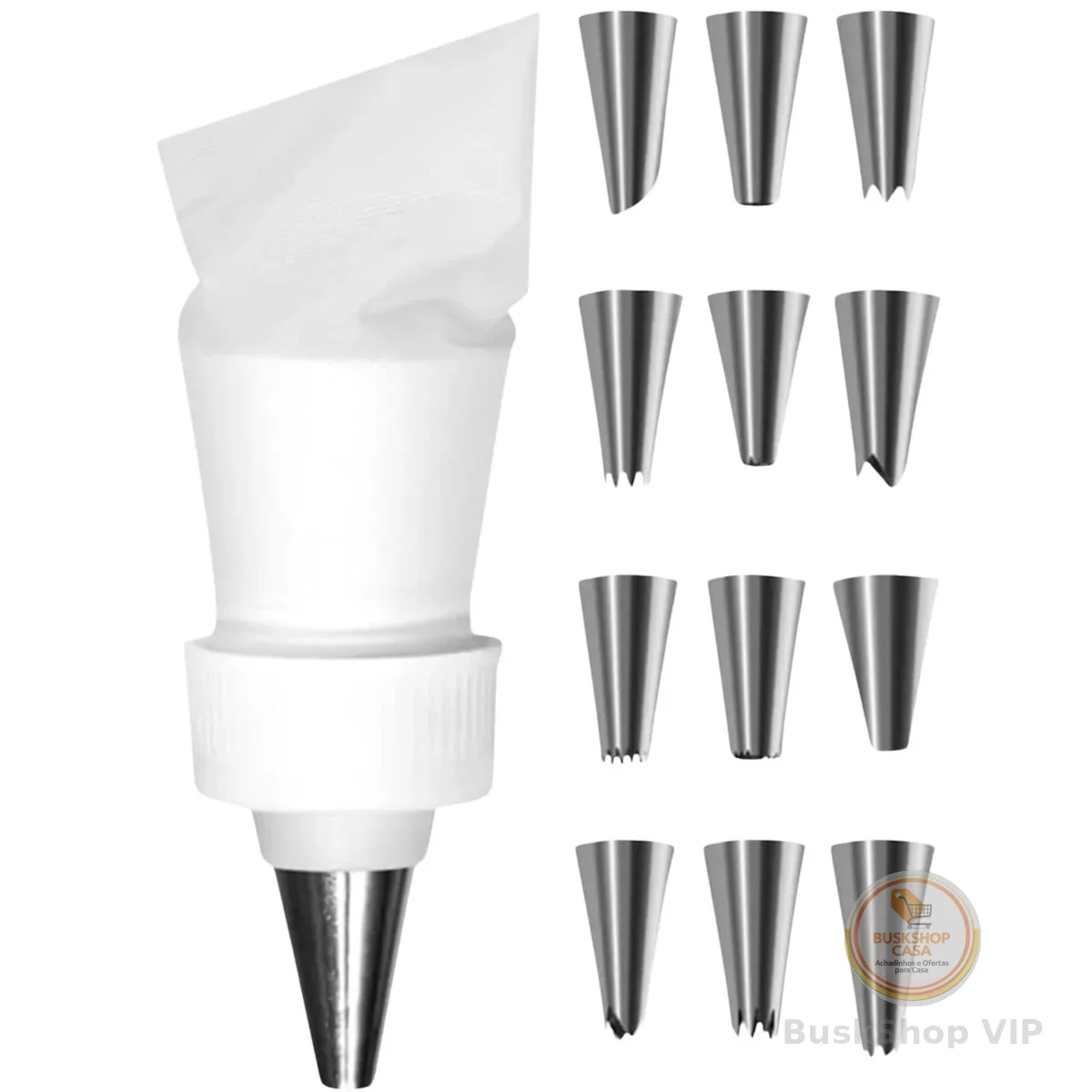 Kit Confeiteiro 12 Bicos Inox + Bisnaga Silicone Reutilizável - Decoração de Bolos, Cupcakes e Tortas - Adaptador Incluso
