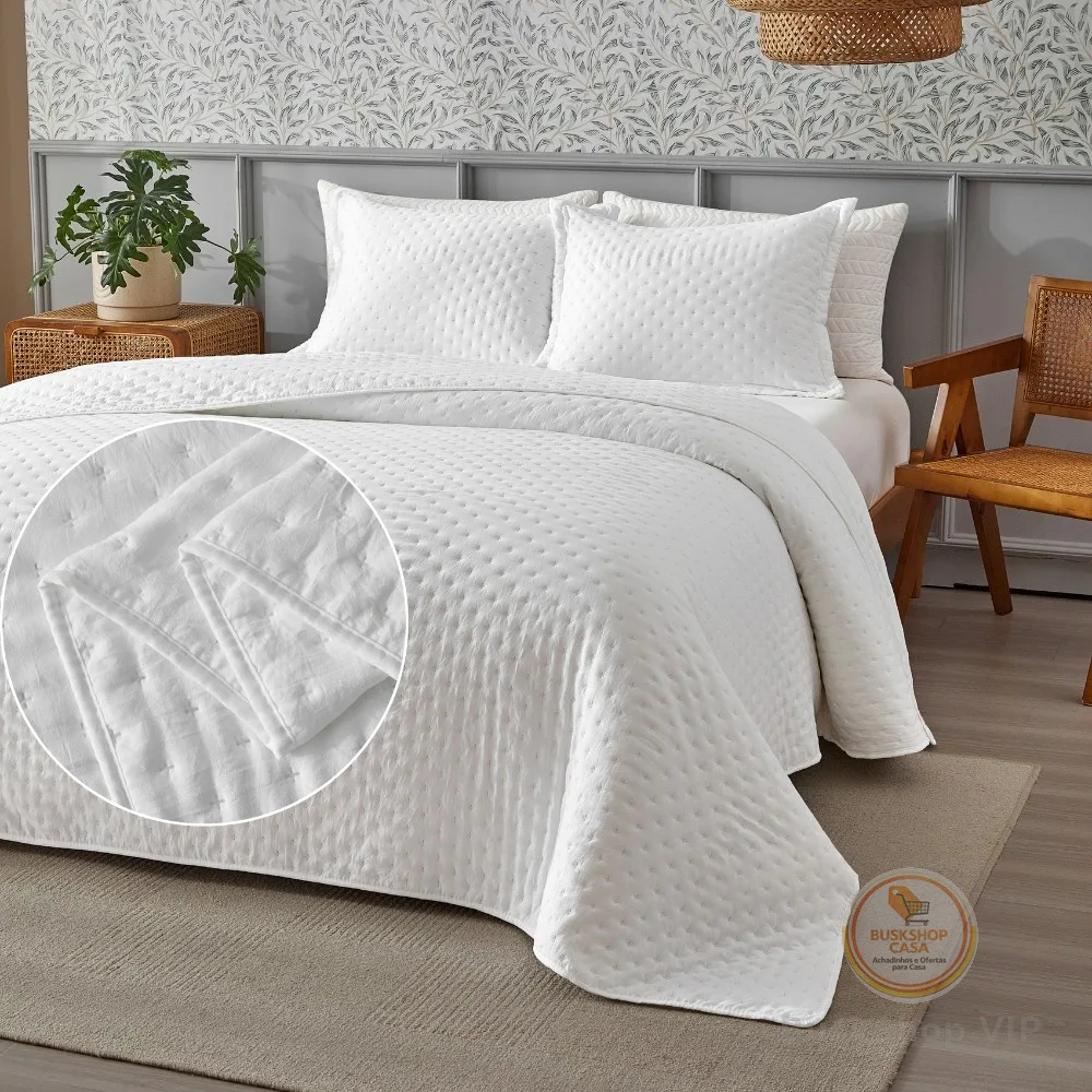 Kit Colcha Cobre Leito 3 Peças 300 Fios Ponto Cruz Macio e Elegante