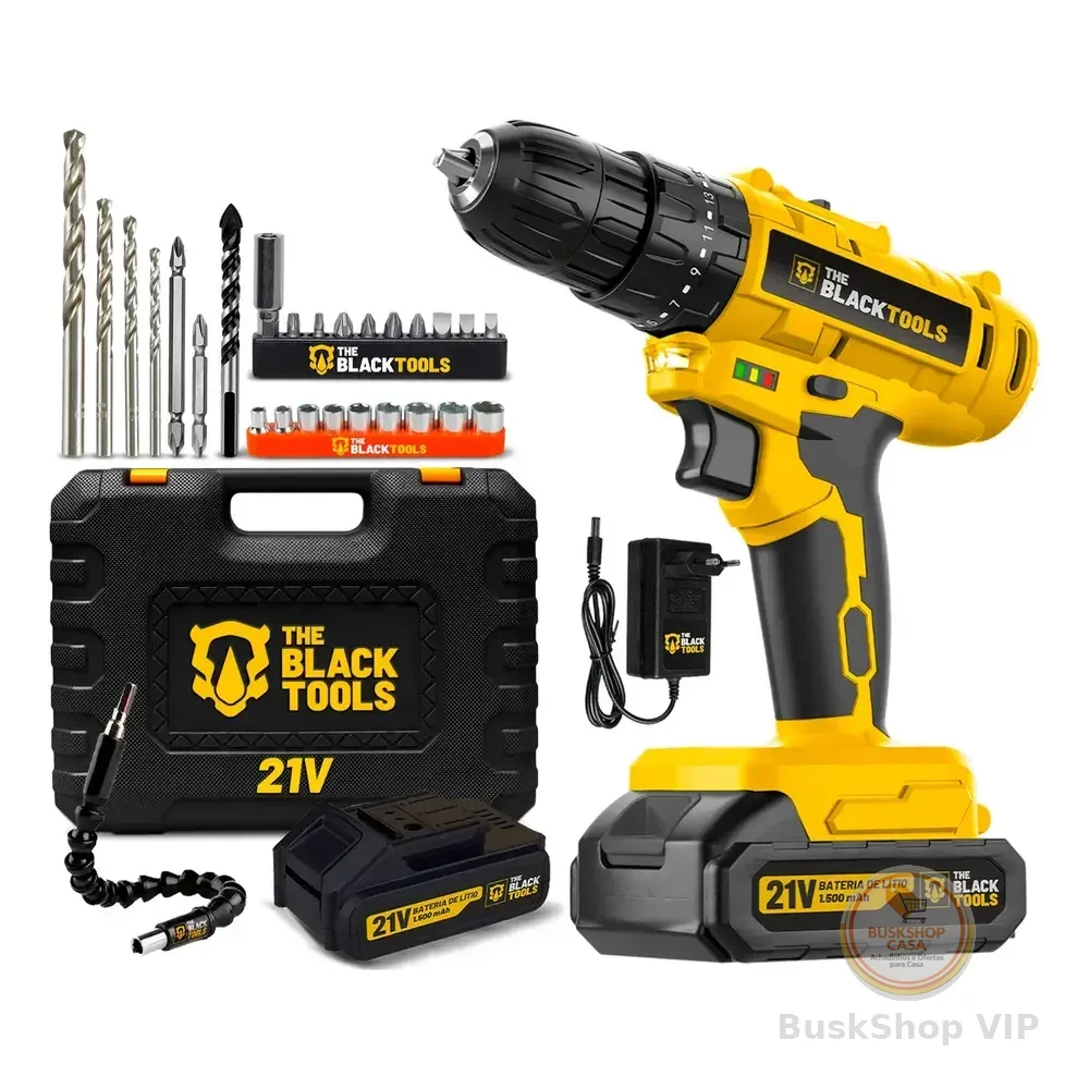 Parafusadeira Furadeira De Impacto A Bateria 21v 3/8 Bivolt 1400 Rpm Com Acessórios E Maleta Tb-21pzw The Black Tools Amarelo 127/220v 60 Hz