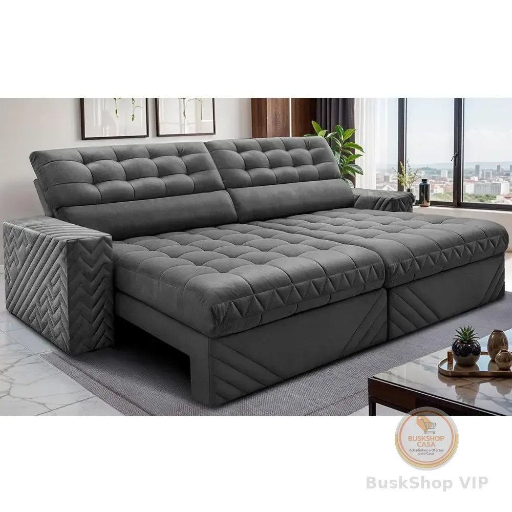Sofá Retrátil 3,00m Molas Ensacadas Max Spring. Cama Inbox Cinza Liso