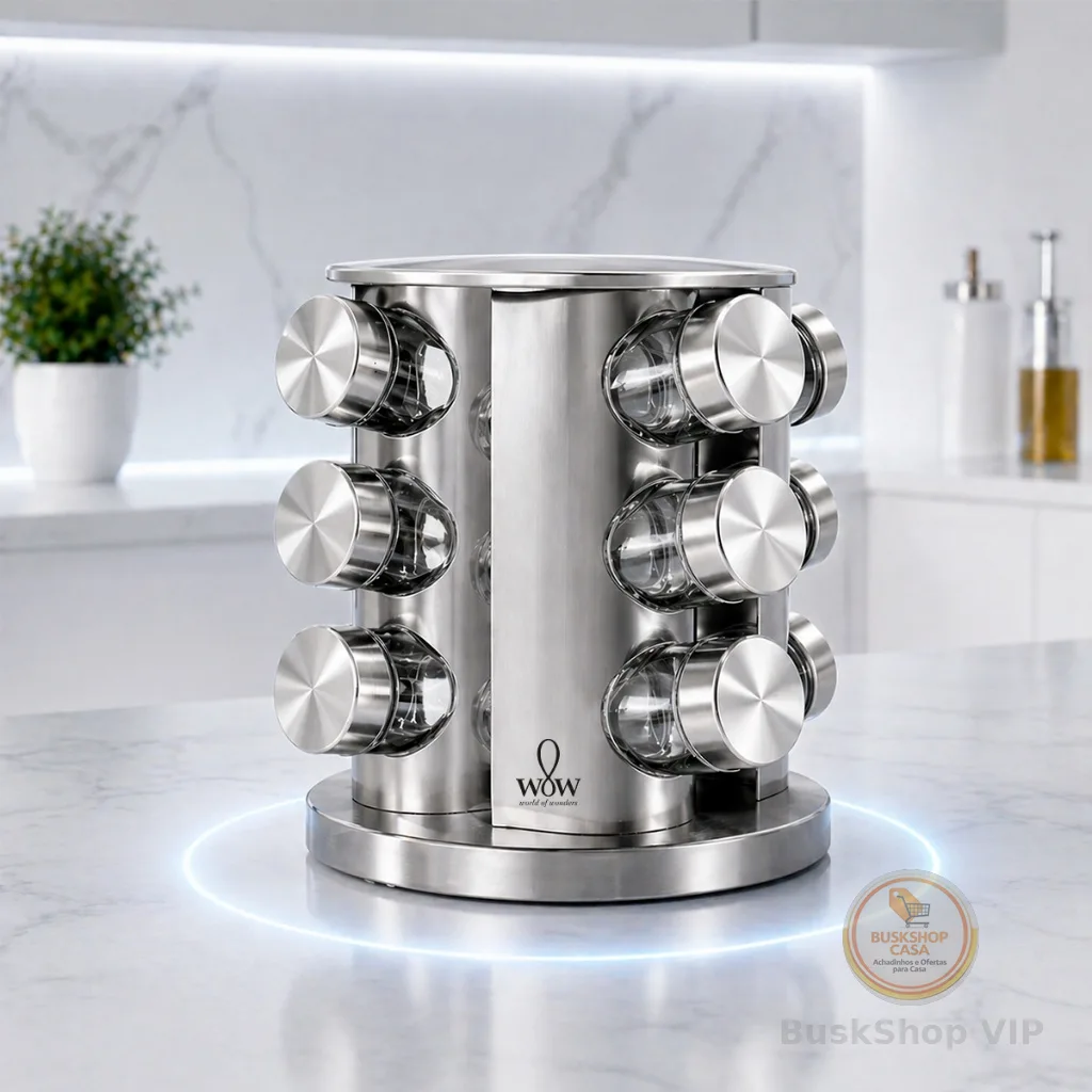 Porta Tempero Inox Giratório Vidro 12 Potes 360