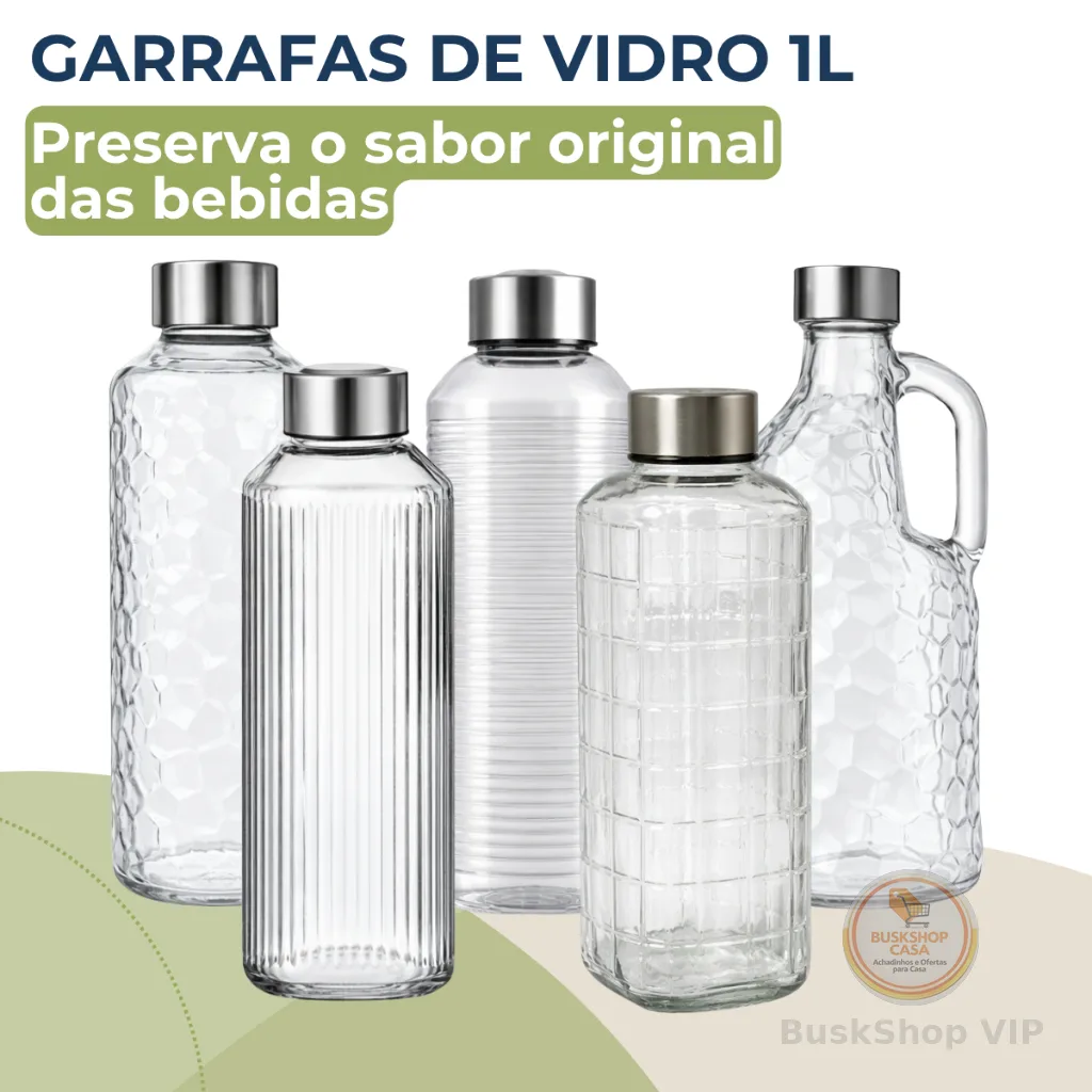 Garrafa de Vidro 1 Litro Tampa Inox Água Suco Geladeira