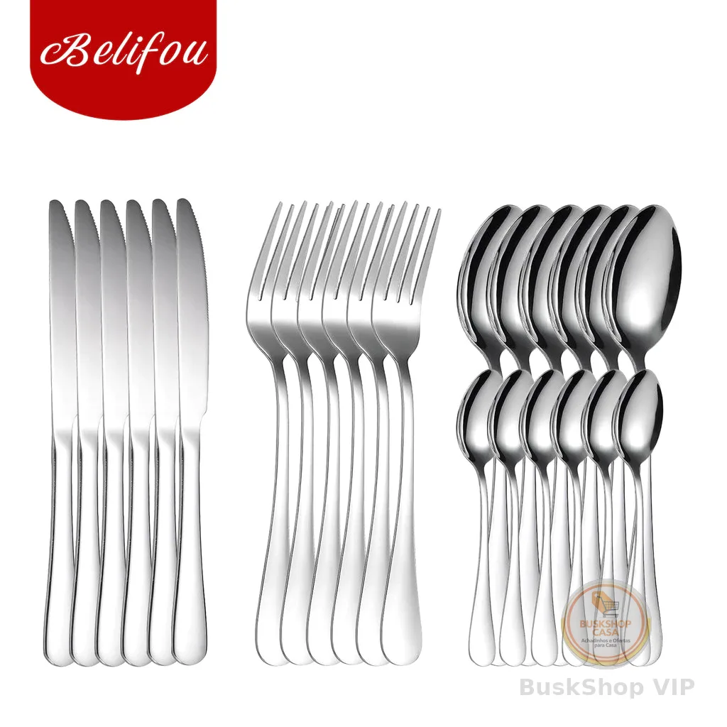 Belifou Kit 24 Peças Jogo De Talheres Inox Faqueiro Completo Colher Garfo Faca Para Jantar Cozinha Luxo