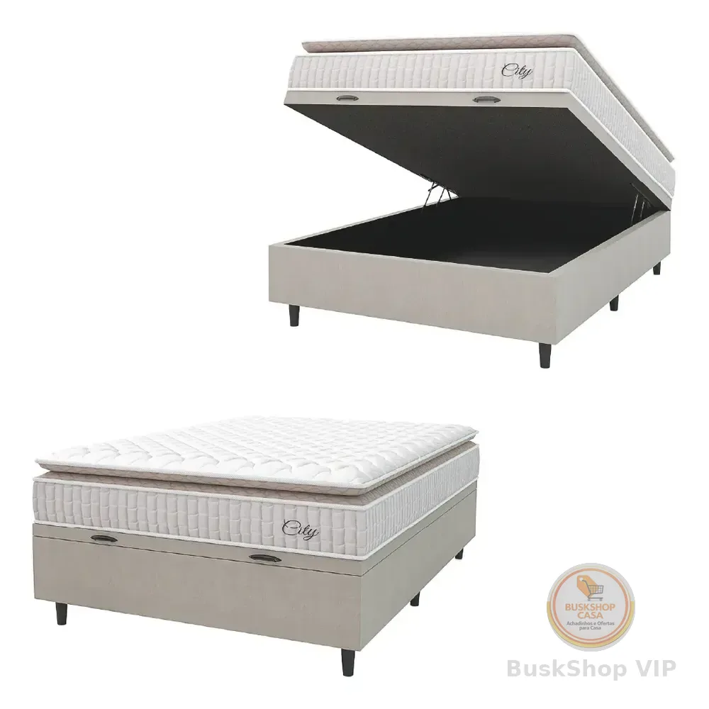 Cama Box Baú Colchão Casal Molas Ensacadas City Pillow Top 138x188x64cm Branco E Bege Hellen Branco/bg