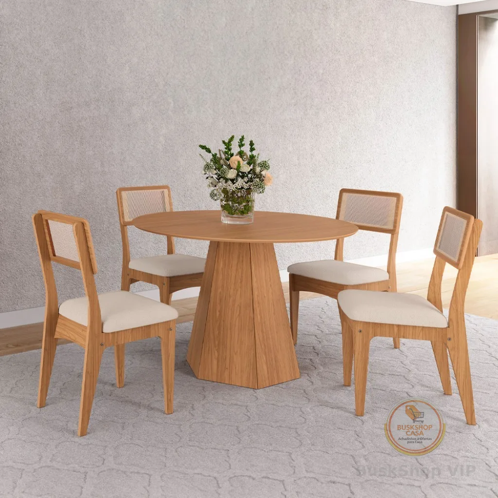 Conjunto Sala de Jantar Mesa Lisboa Hexagonal com 4 Cadeiras Palha Sintética 100% MDF