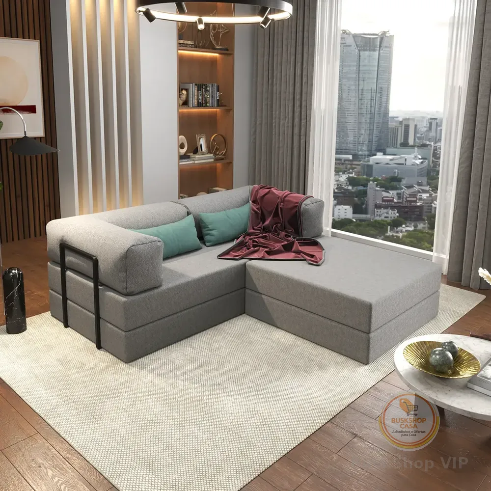 Sofá Cama Casal Com Chaise Modular 3 Em 1 Cor Cinza Boucle Cinza