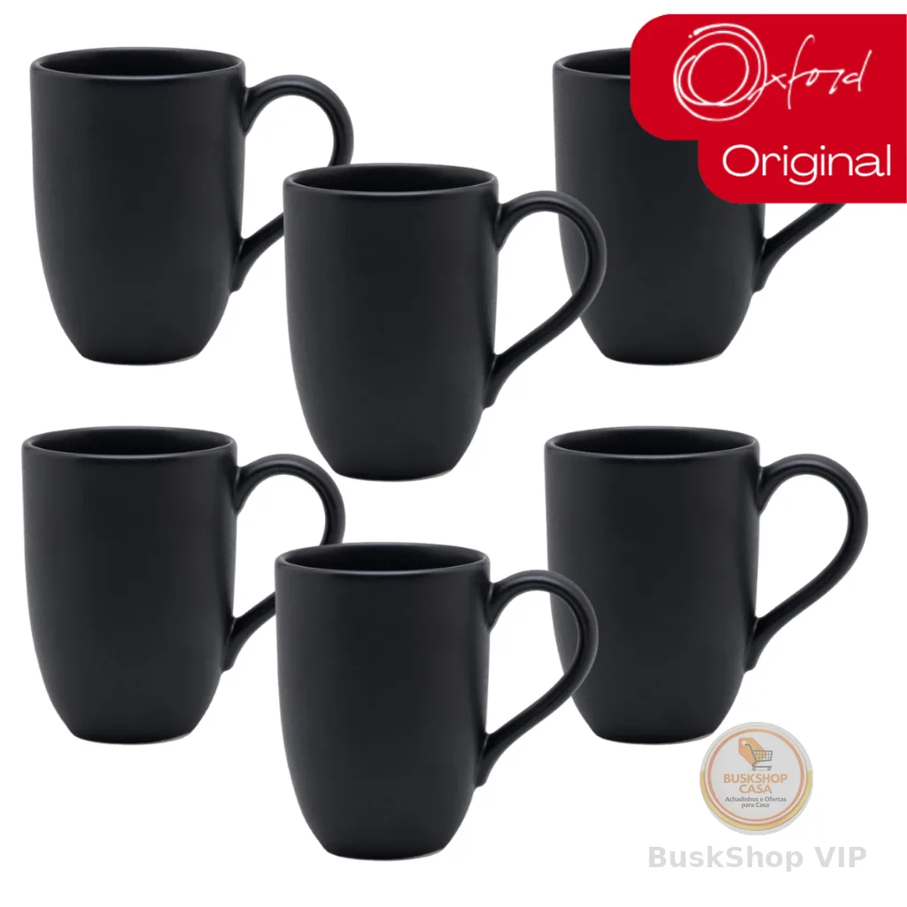 Jogo 6 Canecas Café Chá 350ml Flat Onix Preto Acetinado Oxford