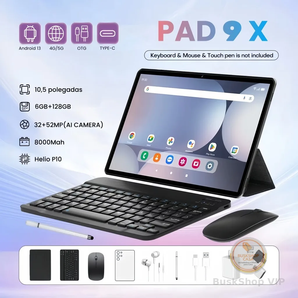 Pad 9X Tablet Android Tela Grande 10.5 FHD 6+128GB WiFi 5G Uso Trabalho Estudo 8000mah