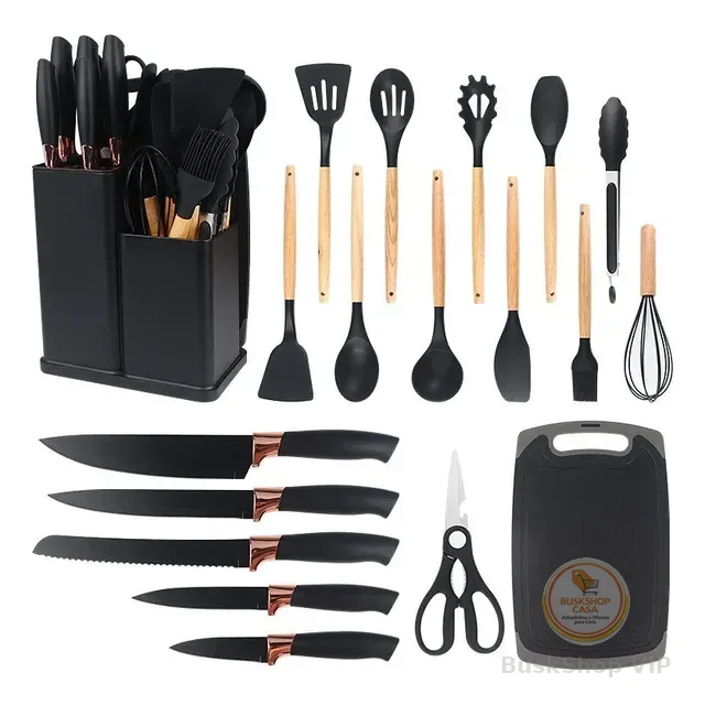 19 Peças Kit Utensilios Cozinha Tábua Em Silicone Espátula