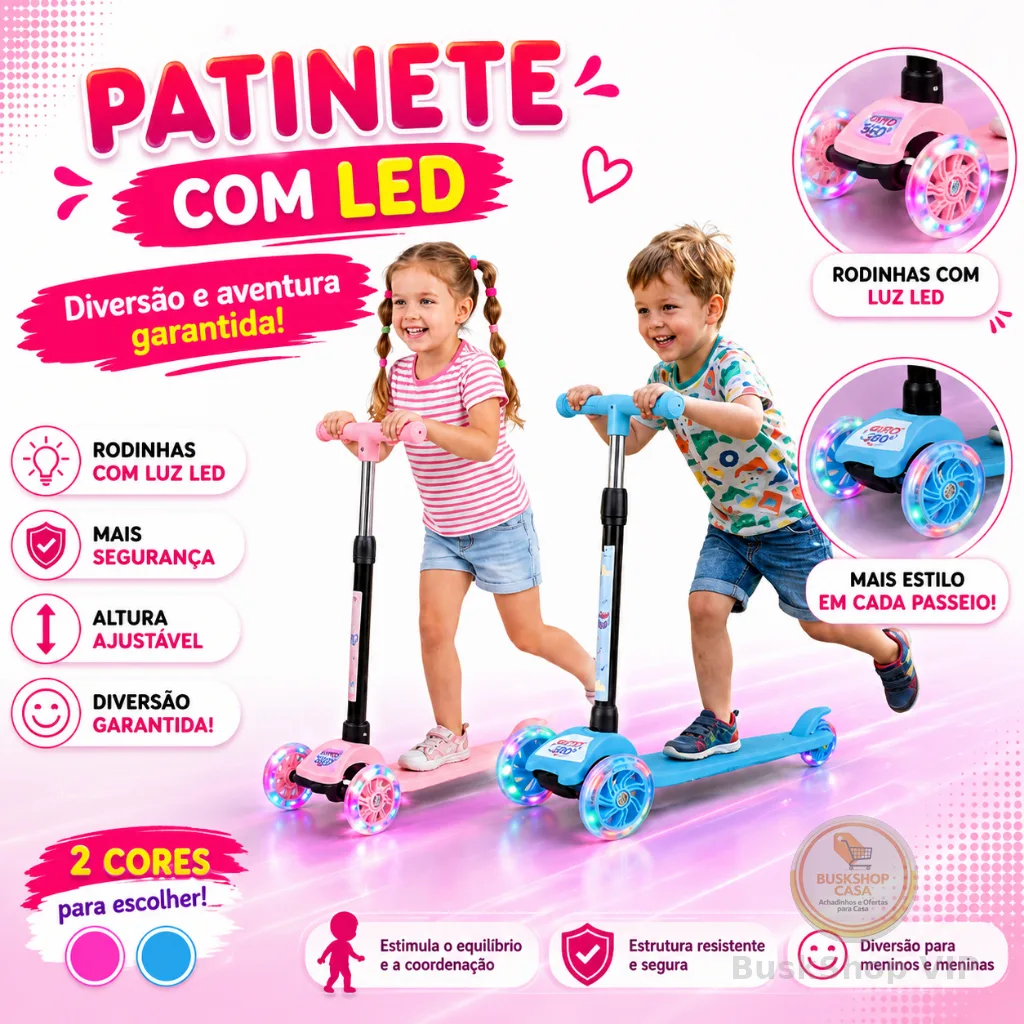 Patinete Dobrável Infantil 3 Rodas Com Led - Castela