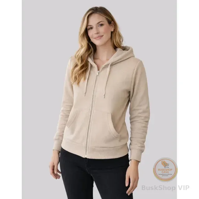 Moletom Blusa Feminino De Capuz Frio Com Zíper Canguru Liso