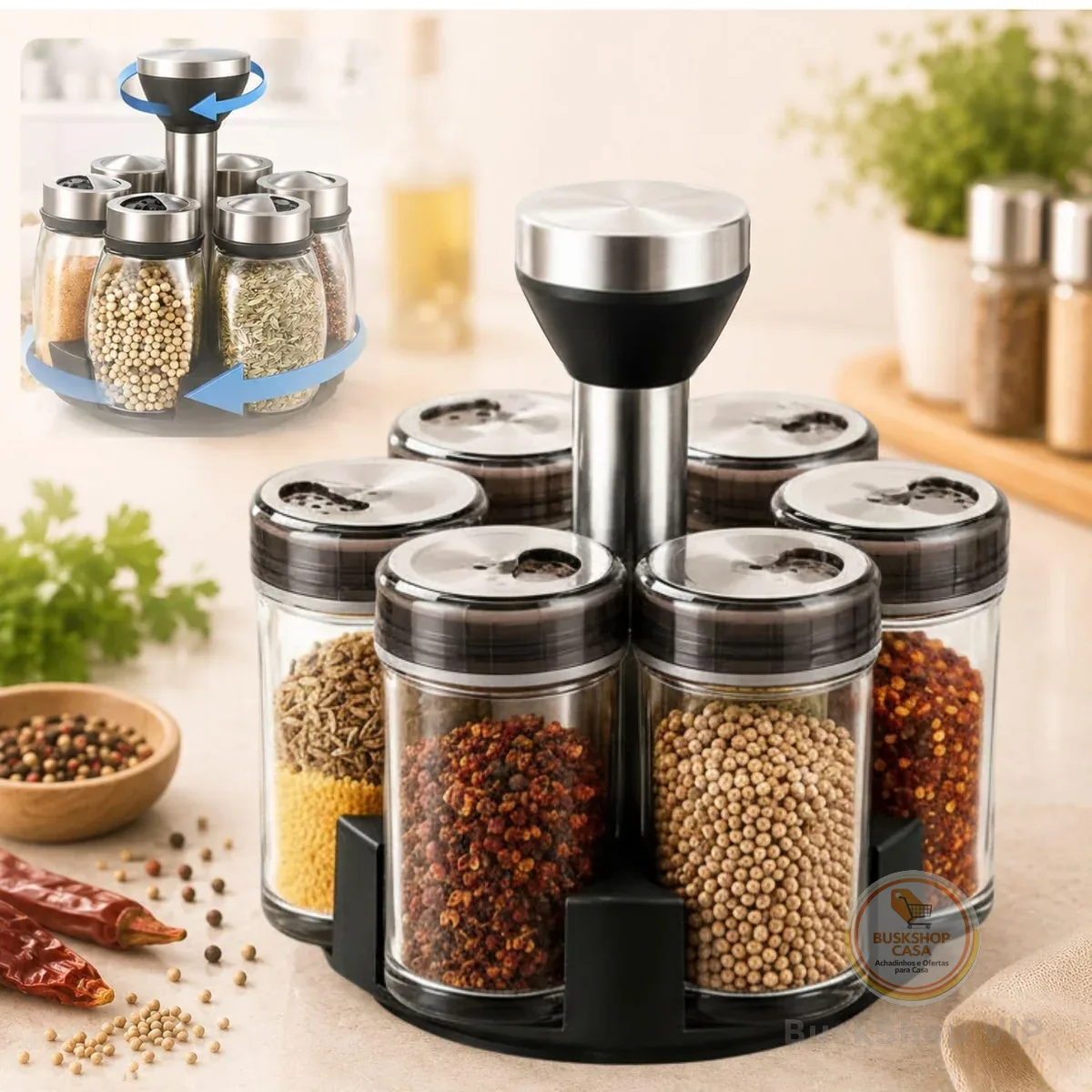 Porta Tempero Giratório Inox com 6 Peças – Suporte Rotativo 360° com Potes de Vidro para Condimentos– Organizador de Cozinha Moderno, Compacto e Funcional (Quadrado)