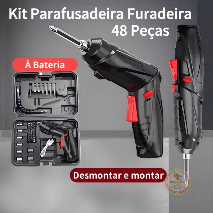 Kit Parafusadeira Elétrica/Furadeira 48 Peças À Bateria Sem Fio Carregador Usb Portátil Leve