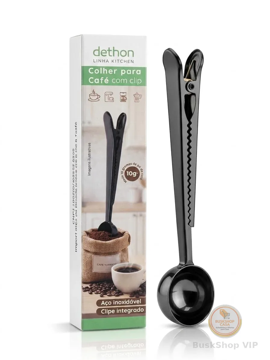 Colher Café Medidora 5g Pó de Café Prendedor Pacote em Inox Preto 17cm