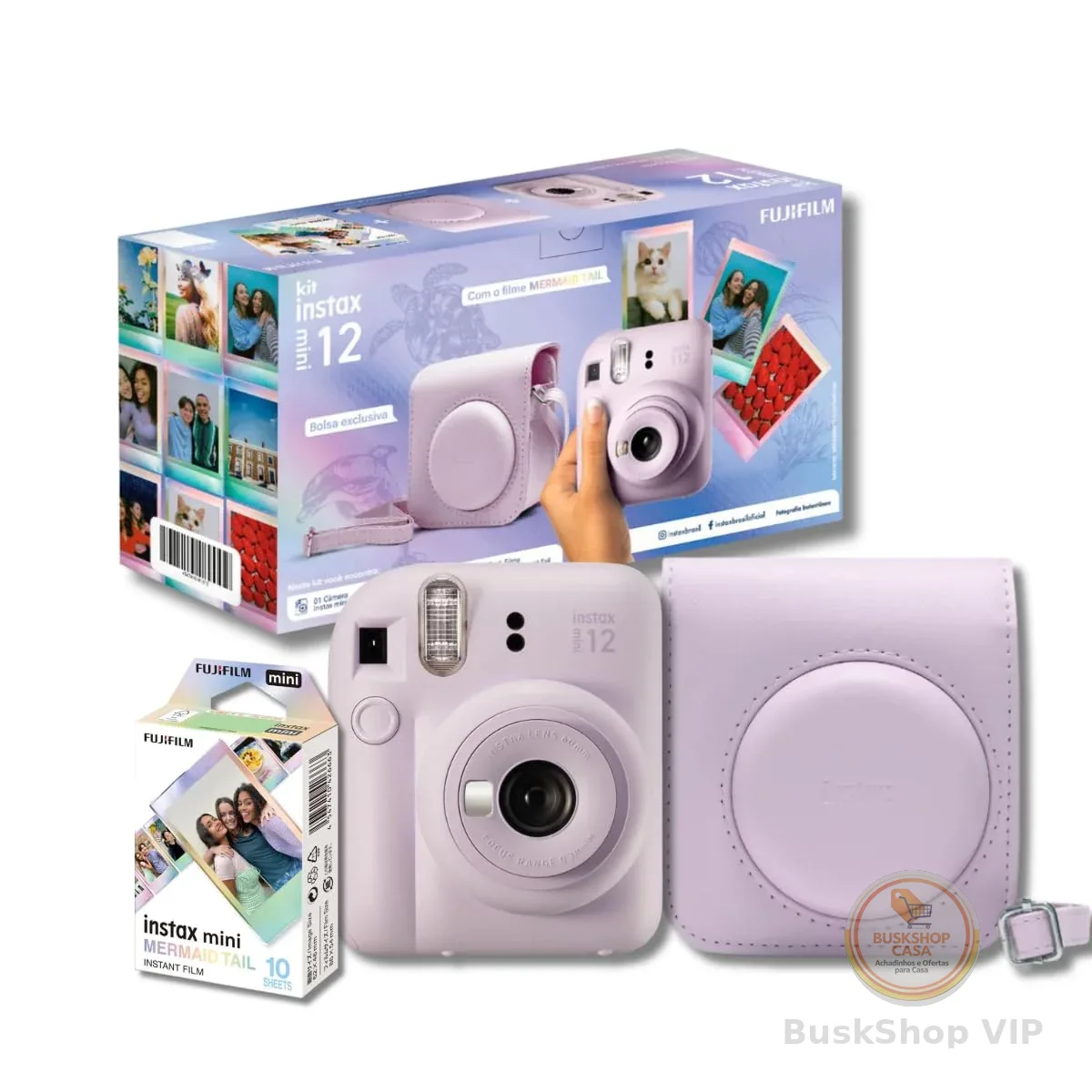 Kit Câmera Instax Mini 12 com pack 10 fotos Mermaid Tail e Bolsa Lilás