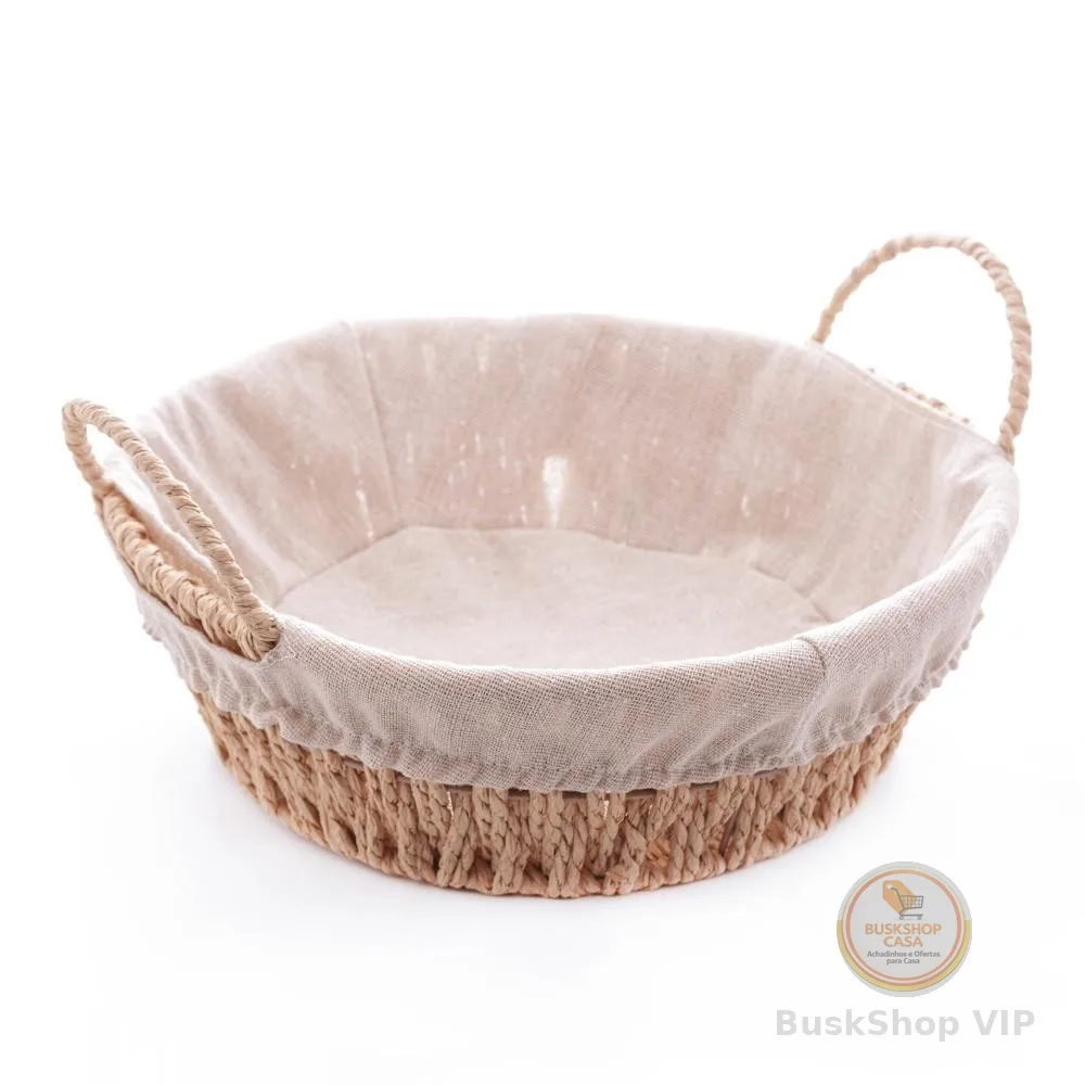 Cesta Redonda com Alça e Forro Tecido Bege Organizadora Decoração 27cm - Wolff