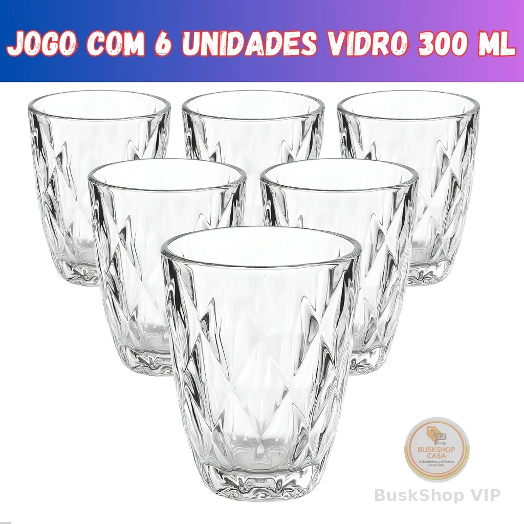 Jogo 6 Copos Baixos Diamond 300ml Vidro Grosso Diamante Luxo