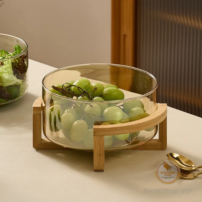 Saladeira De Vidro 1.8L/2.8L/3.8L Com Suporte De Madeira-Tigela Grande Para Servir Salada , Frutas Bambu Natural