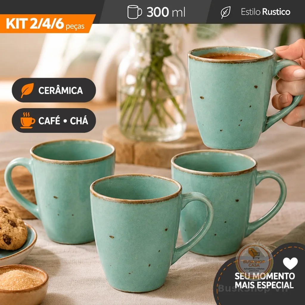 Kit 2/4/6 Canecas de Cerâmica 300ml Rustica – Colorida Premium - Café Chá Sucos