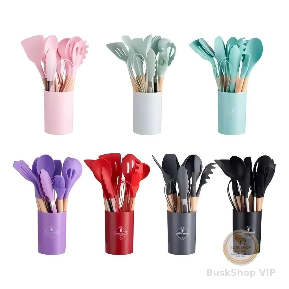 KIT de Utensílios Para Cozinha em Silicone e Bambu 12 Peças