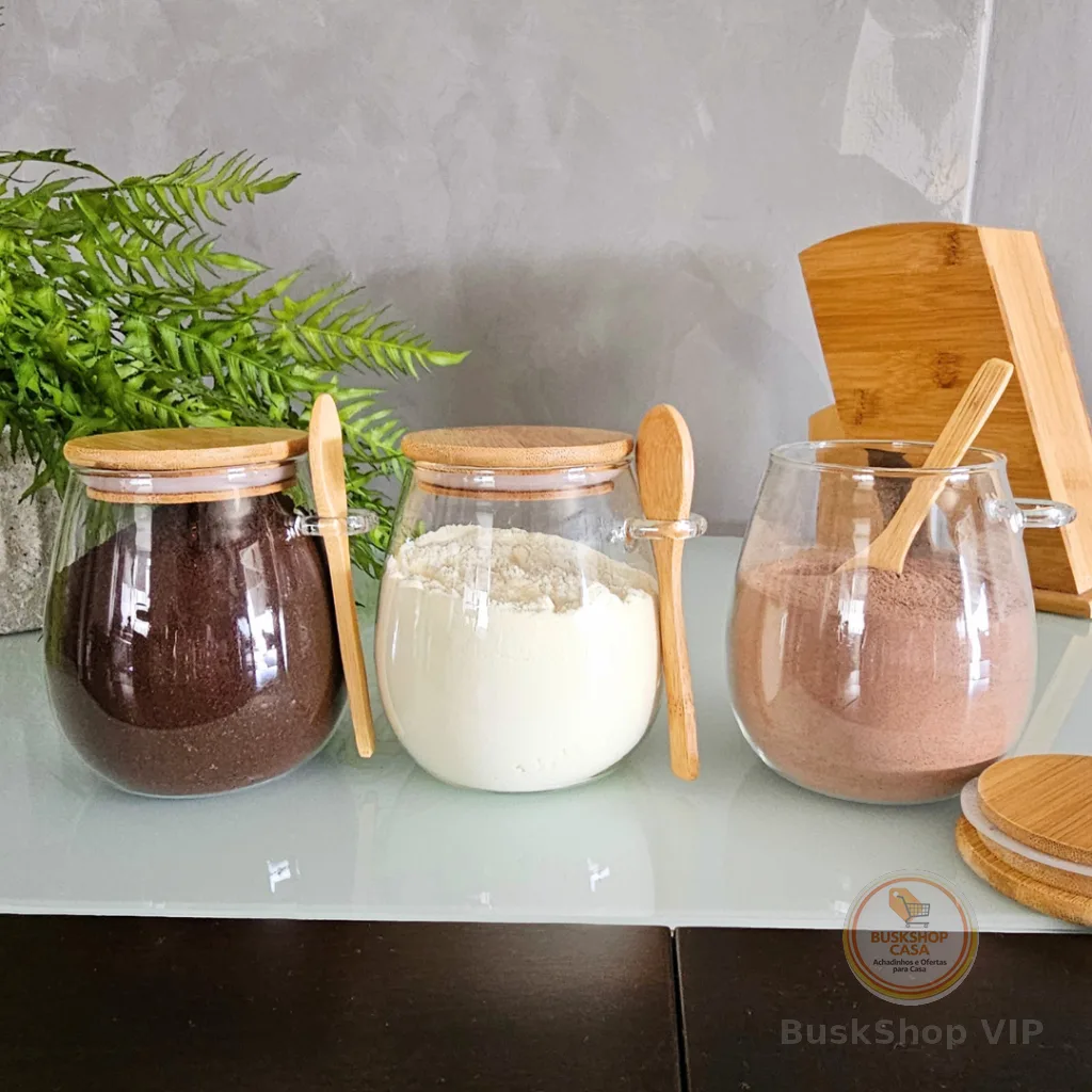 03 Pote De Vidro Oval Tampa e Colher Bambu Hermético 690ml MIMI