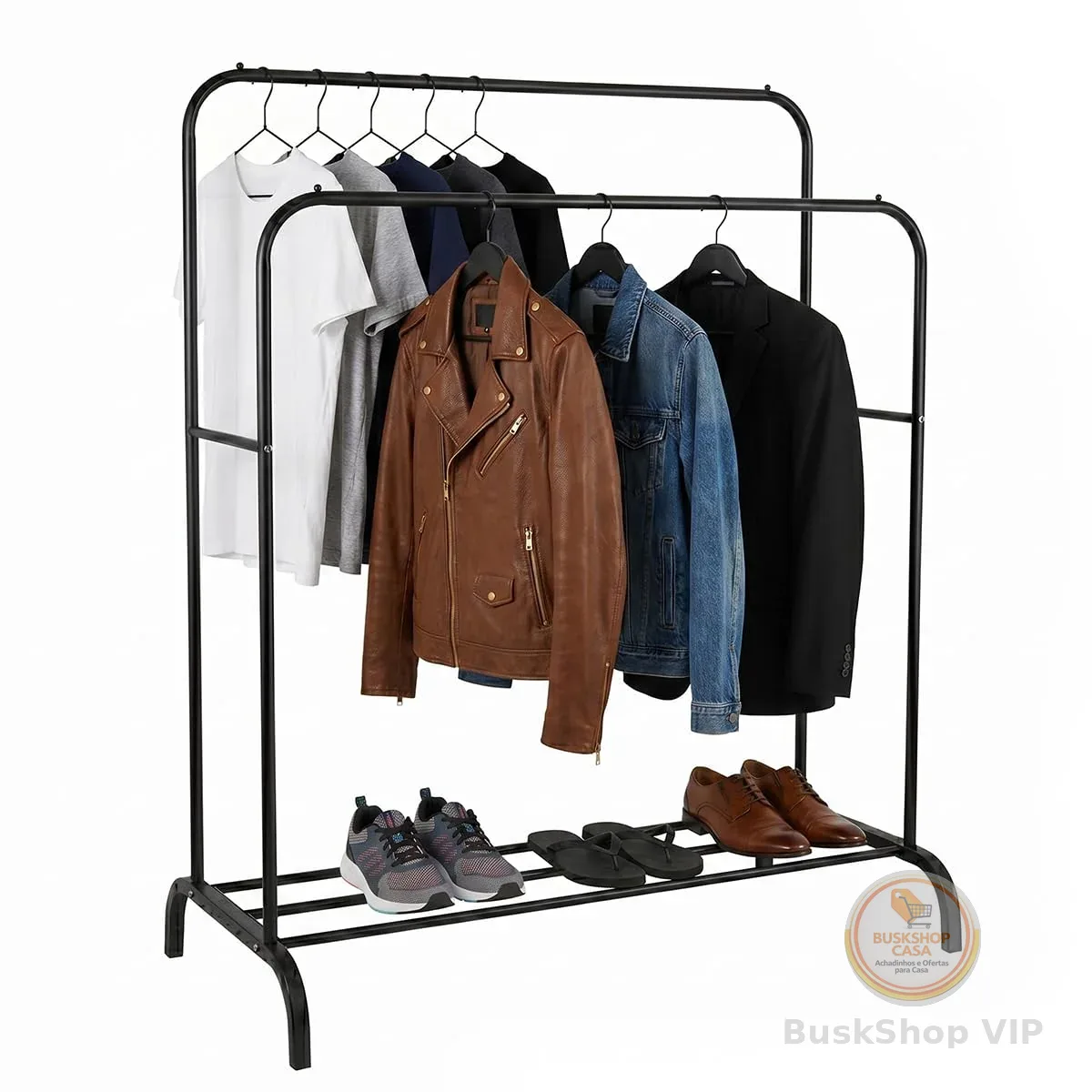 Decolab Arara Cabideiro de Chão Extensível Duplo Organizador Multiuso 2 Andares com Sapateira Quarto e Closet para Cabides com Camisetas, Vestidos, Agasalhos, Calçados (Preto)