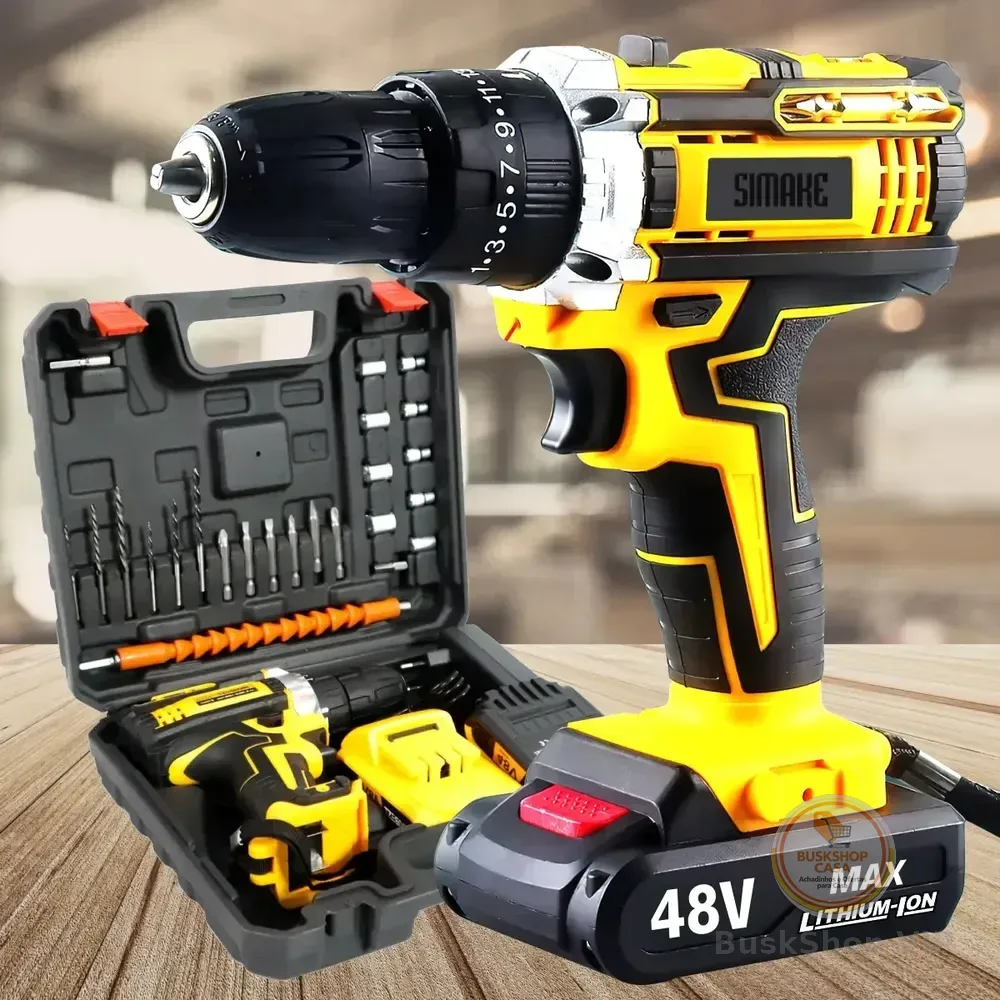 Parafusadeira Furadeira C/ 2 Baterias Maleta Kit Completo Led Eixo Flexível Vários Níveis Torque Simake Amarelo 127/220v 60 Hz